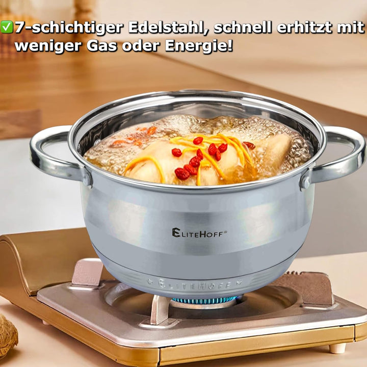 EliteHoff Kochtopf, 7-Lagen Edelstahl Topf Induktion Kochtöpfe Nudeltopf Suppentopf mit Glasdeckel f