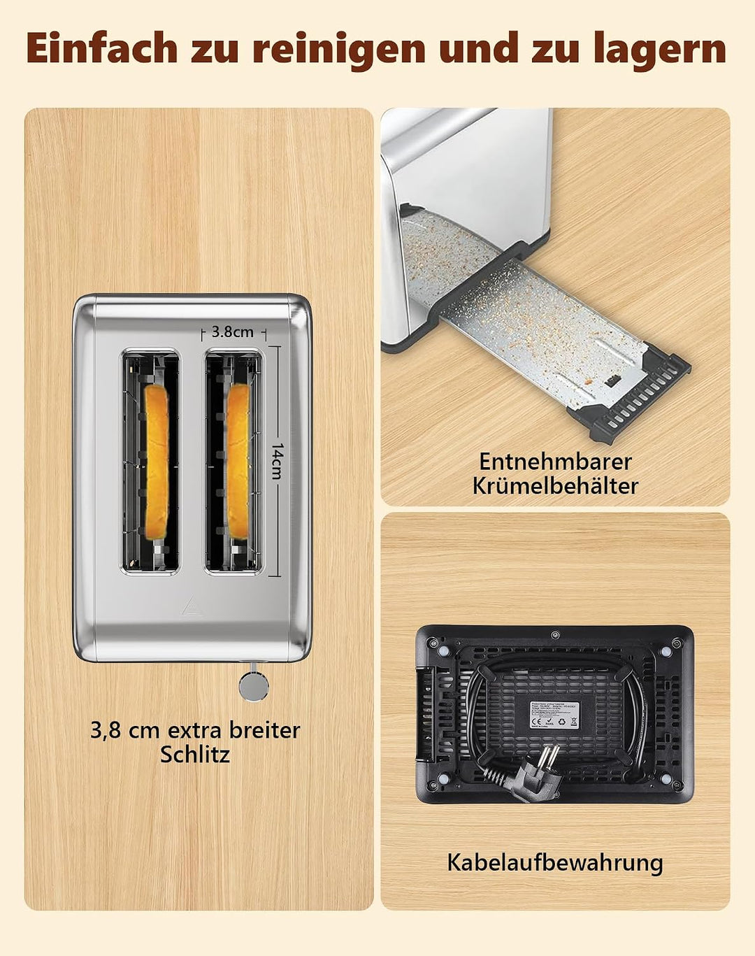 Toaster 2 Scheiben, Edelstahl Langschlitztoaster mit Smart Touchscreen & LED-Countdown, 8 Bräunungss
