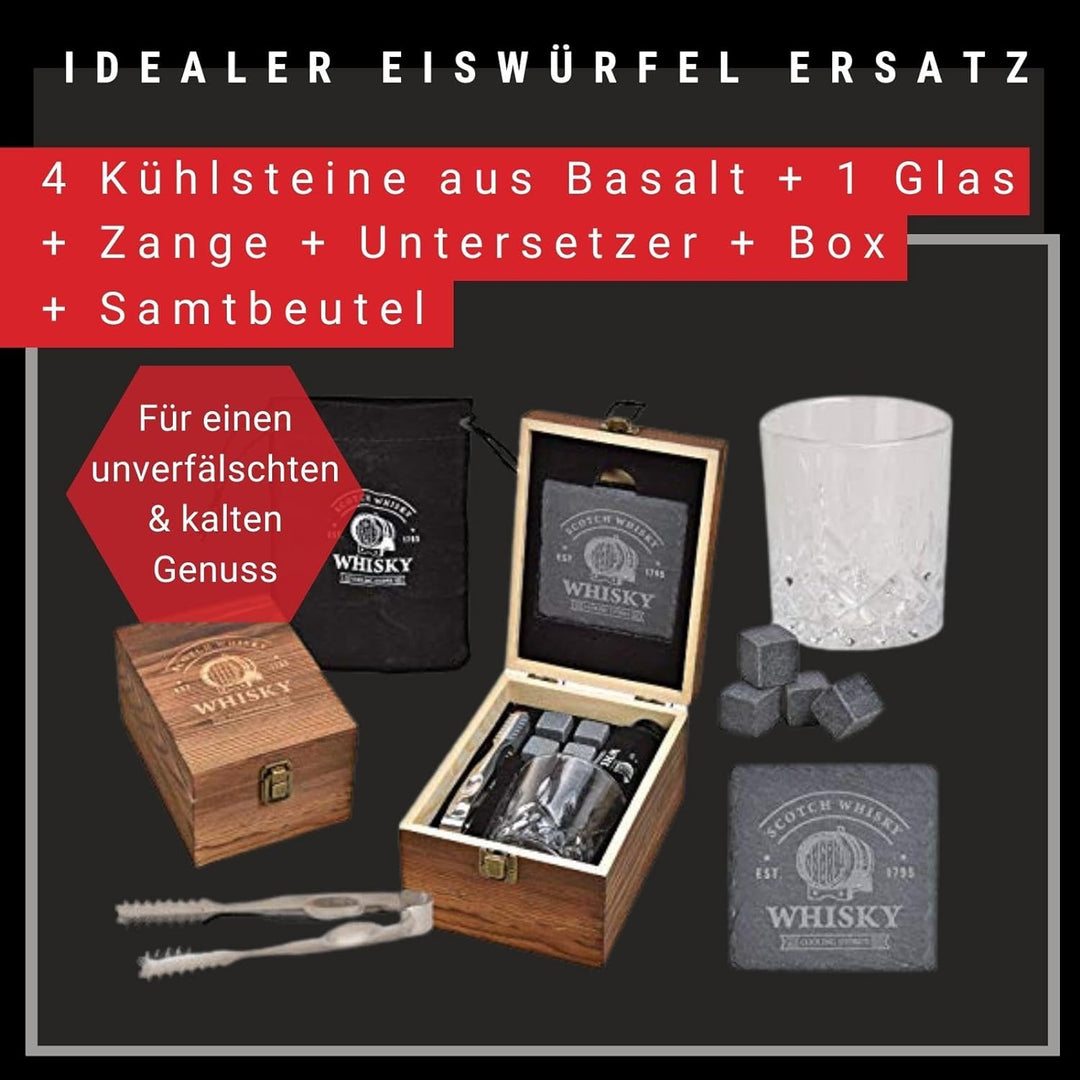 WOMA Whisky Steine Set I 4 Kühlwürfel inkl. Untersetzer, Edelstahlzange, Whiskey Glas & hochwertiger