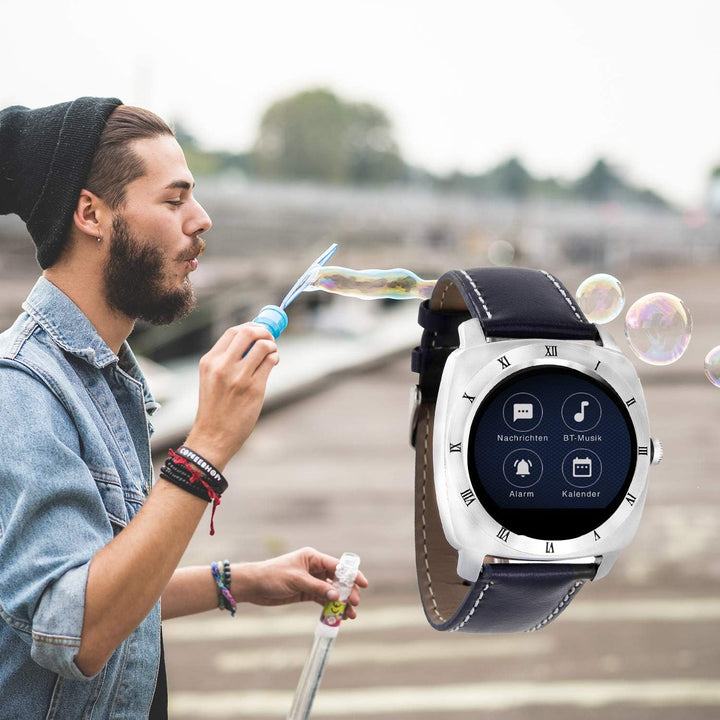 X-WATCH 54018 NARA XW PRO Herren Smartwatch, Apple iOS und Android kompatibel - Lederarmband Navy Bl
