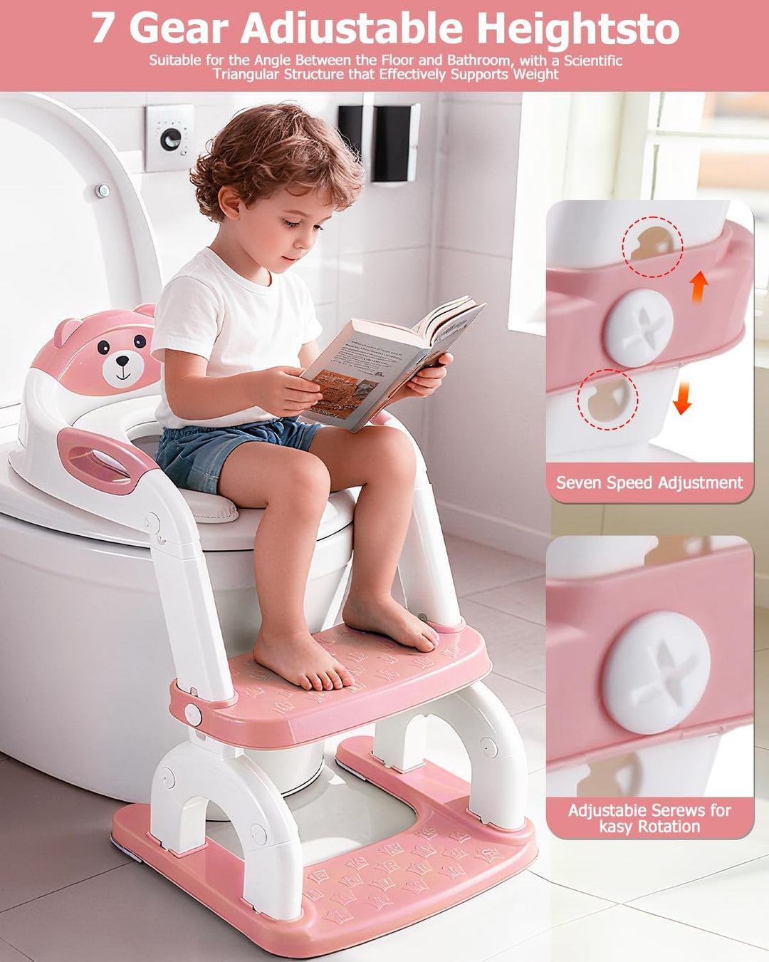 Toilettensitz Kinder mit Treppe,2in1 Höhenverstellbar Faltbarer Toilettensitz Kinder mit Gepolsterte