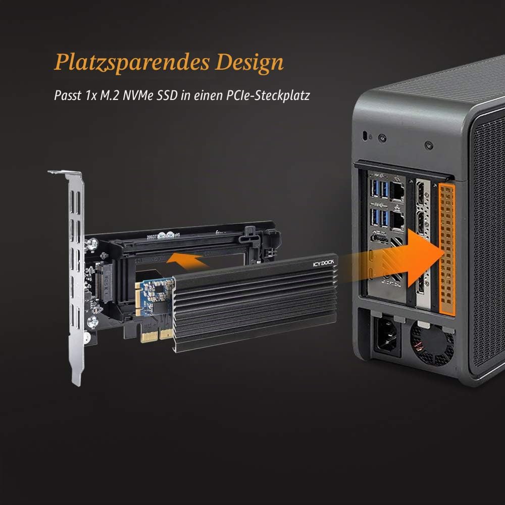 ICY DOCK EZConvert EX Pro MB987M2P-1B nimmt eine M.2 NVMe PCIe SSD bis 110mm Länge in einem PCIe 4.0