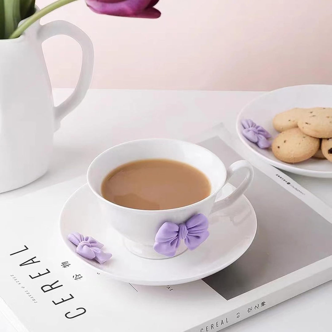 200 ML Kaffeetassen Set mit Untertasse Keramik Tasse mit Schleife und Henkel Violett Rosa Schleife K