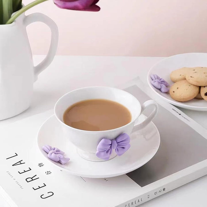 200 ML Kaffeetassen Set mit Untertasse Keramik Tasse mit Schleife und Henkel Violett Rosa Schleife K