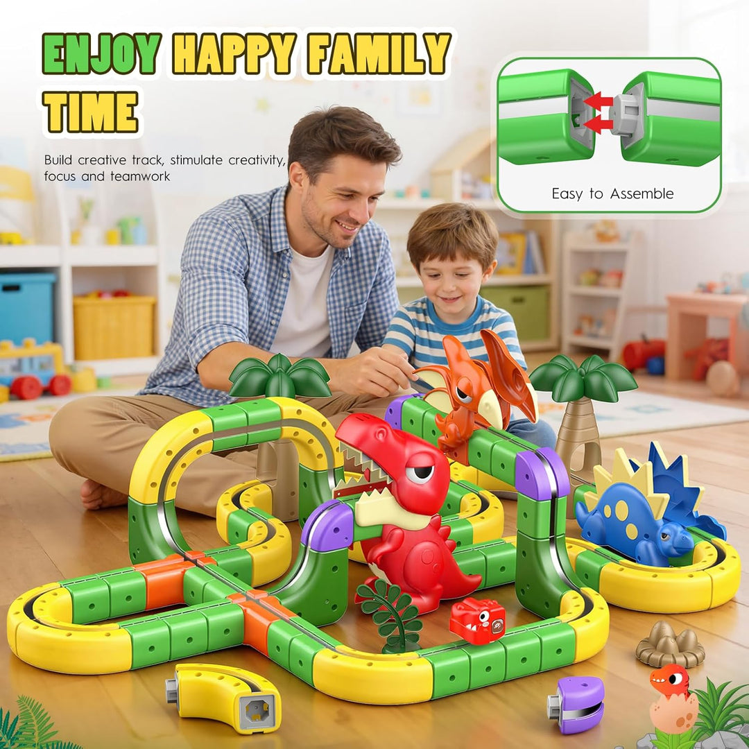 EUCOCO 115 Pcs Clickrail Electric Train Set, Dinosaurier Spielzeug ab 3 4 5 6 7 8 Jahre Junge Cubix
