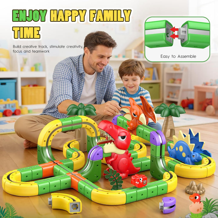 EUCOCO 115 Pcs Clickrail Electric Train Set, Dinosaurier Spielzeug ab 3 4 5 6 7 8 Jahre Junge Cubix