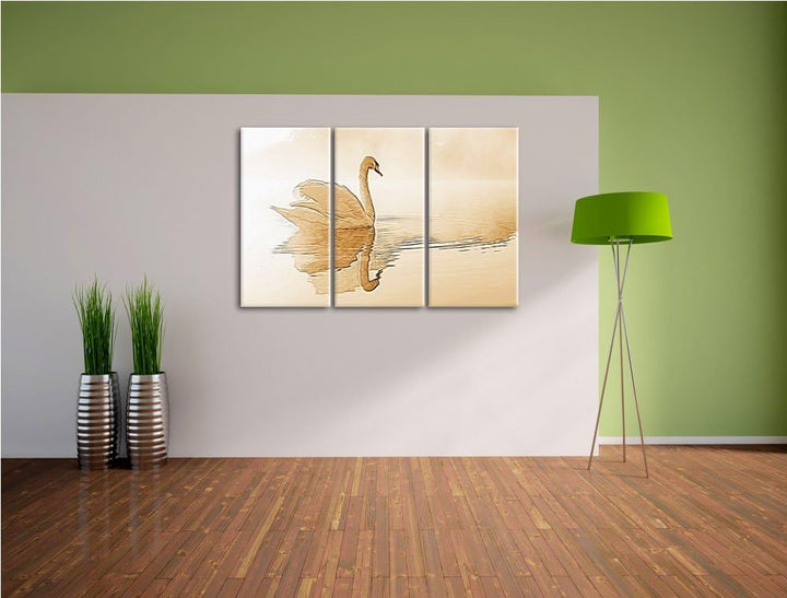 Weisser Schwan im Morgennebel Spezial 3-Teiler Leinwandbild 120x80 Bild auf Leinwand, XXL riesige Bi