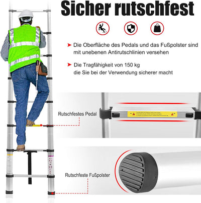 TRMLBE Teleskopleiter 2,6 m Ausziehleiter Leiter Ausziehbar Aluminium Anti-Rutsch Stehleiter Mehrzwe