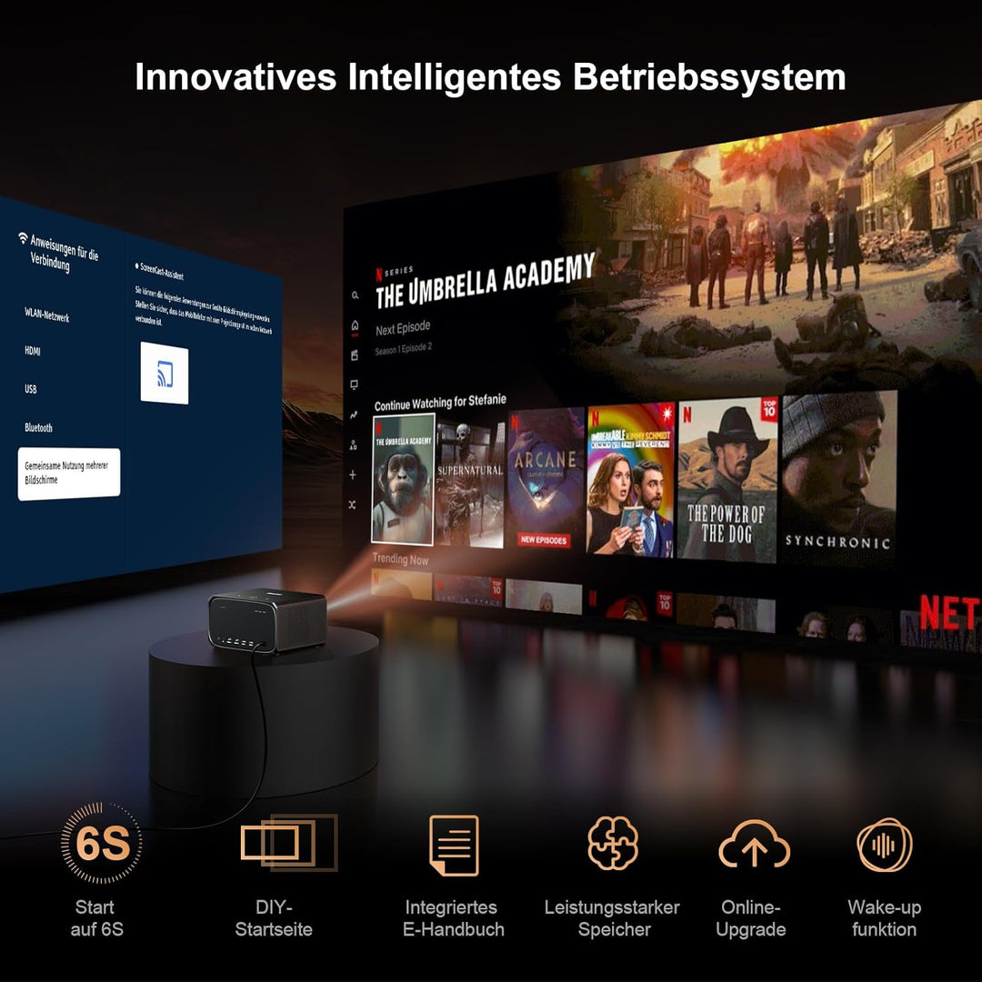 Beamer 4K Passend für Netflix Dolby Audio 35000L 1080P FHD Smart Beamer Heimkino, KI-Autofokus & Tra
