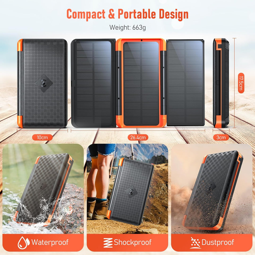 63200mAh Solar Power Bank, Wireless Powerbank mit 3 Solarpanel Faltbar, 22.5W PD Schnellladung, 5 An