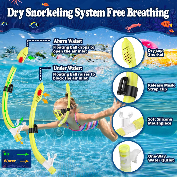 UPhitnis Schnorchelset Kinder - Taucherbrille Anti-Fog und Trocken Schnorchel - Anti-Leck Tauchmaske