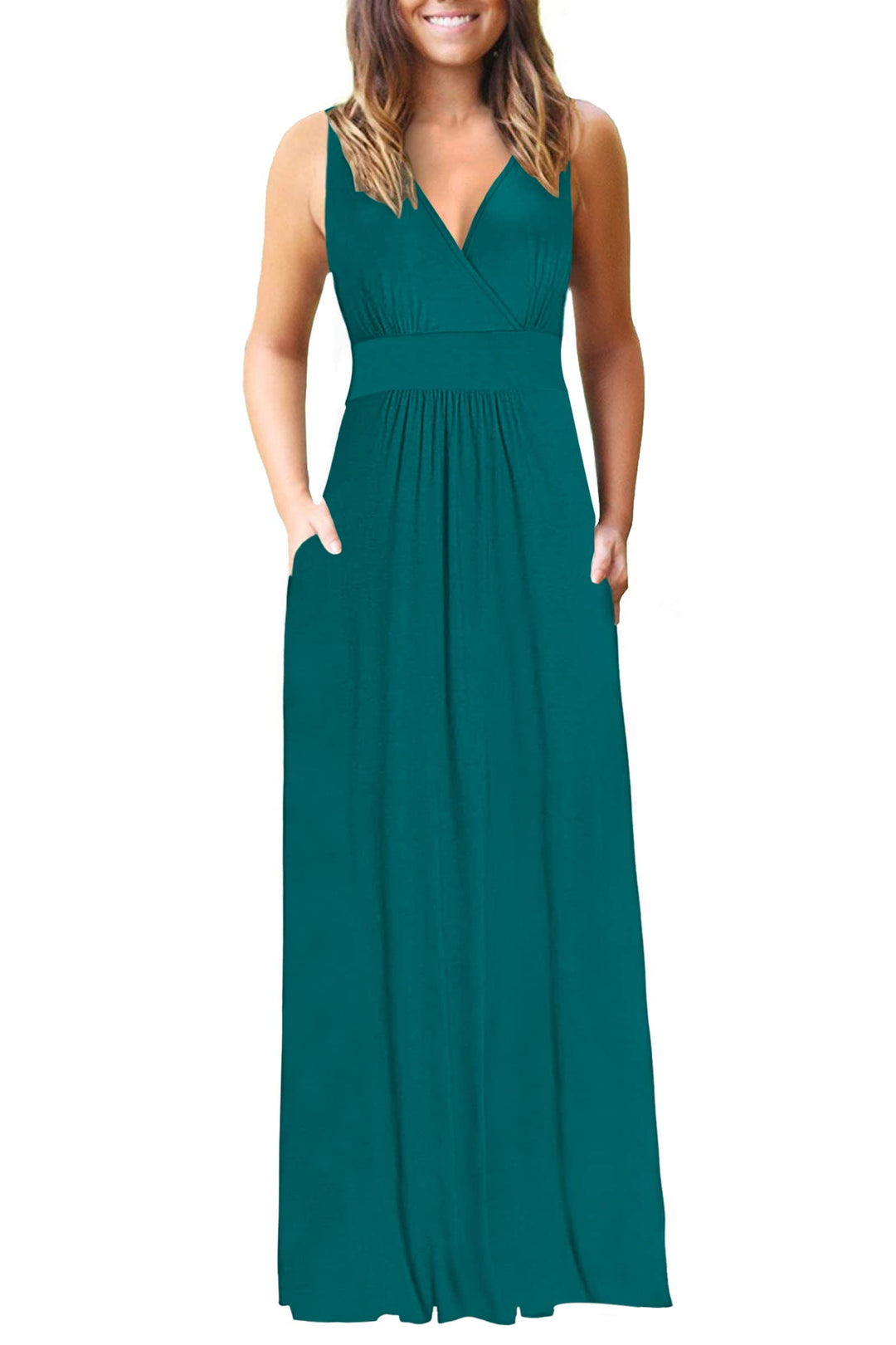 AUSELILY Maxikleid Damen Sommer ärmellos Kleid Lang Elegant tiefem V-Ausschnitt Abendkleid mit Tasch