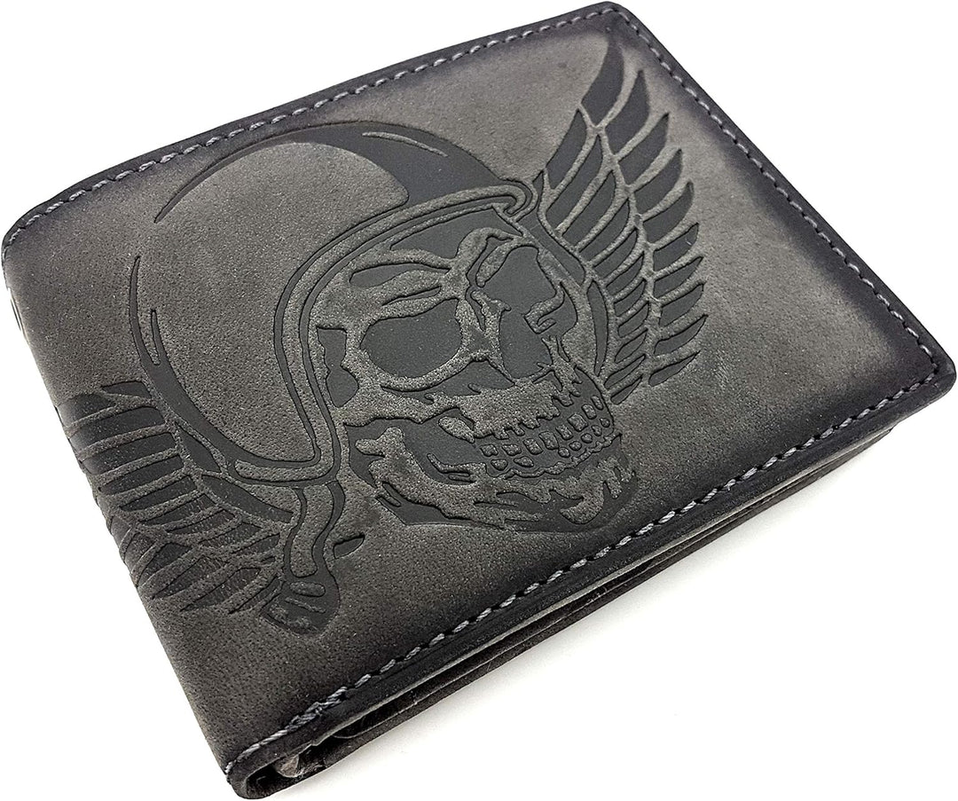 echt Leder Biker Geldbörse quer Hunterleder Portemonnaie Totenkopf Schädel Wing of Hell mit RFID Sch