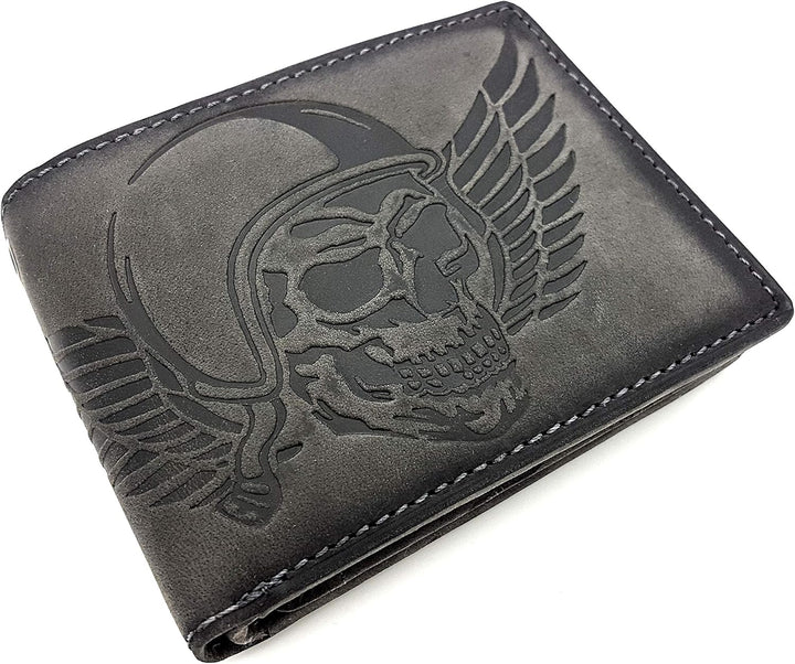 echt Leder Biker Geldbörse quer Hunterleder Portemonnaie Totenkopf Schädel Wing of Hell mit RFID Sch