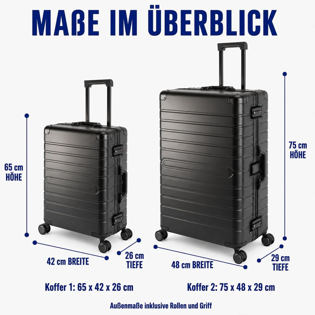Travelhouse Oslo Alu Reisekoffer Schwarz M-65cm &amp; L-75cm Hartschalenkoffer Reise Trolley Koffer Set