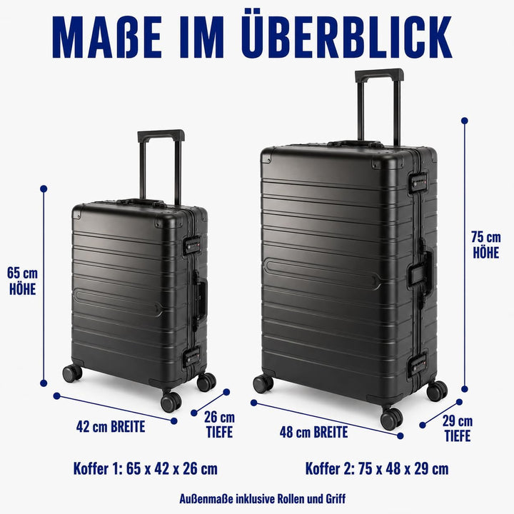 Travelhouse Oslo Alu Reisekoffer Schwarz M-65cm &amp; L-75cm Hartschalenkoffer Reise Trolley Koffer Set
