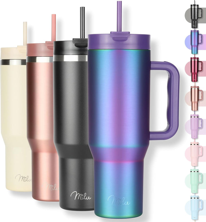Milu Thermobecher 1200ml mit Strohhalm und Henkel – 48h Eis/24h kalt/12h heiss Edelstahl Tumbler 40o