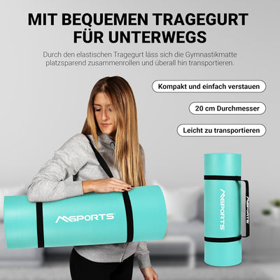 MSPORTS Gymnastikmatte Premium inkl. Tragegurt + Übungsposter + Workout App I Hautfreundliche Fitnes