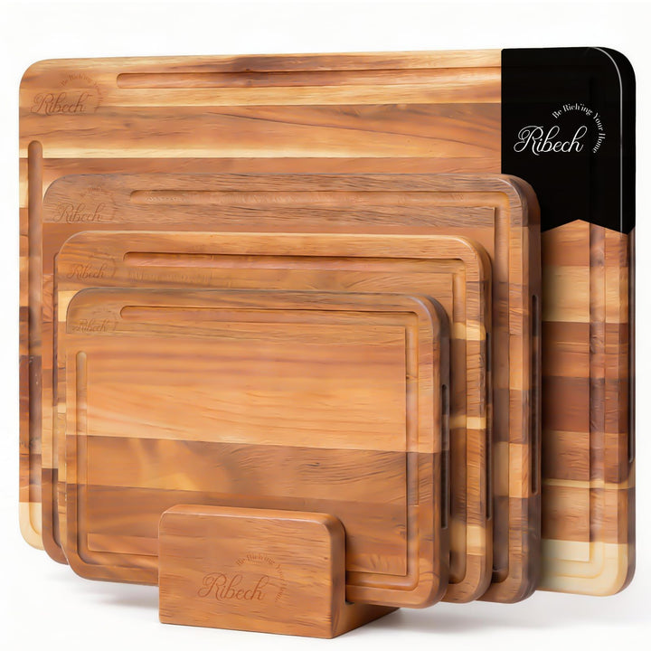 Schneidebrett Set 4-teilig aus Akazienholz inklusive Aufbewahrungsständer | 40x30cm 33x24cm 26x18cm