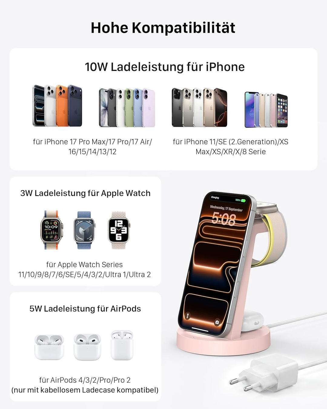 3 in 1 iPhone Ladestation Kabelloses Ladegerät für Apple - Wireless Charger für iPhone 16 15 14 13 1