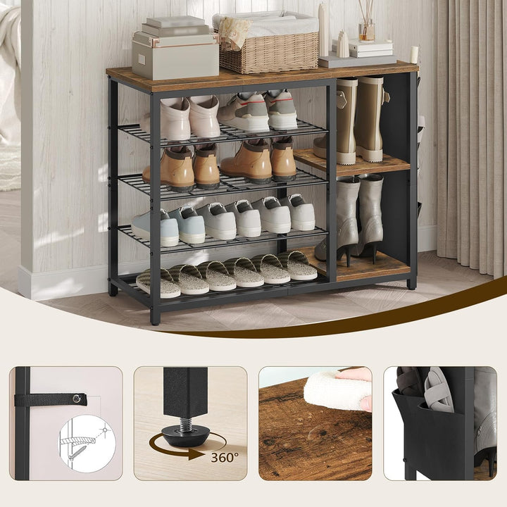 Schuhregal schmal und hoch, Schuhregal 5 Ebenen im Industriestil mit Seitentaschen, Holzoptik-Ablage