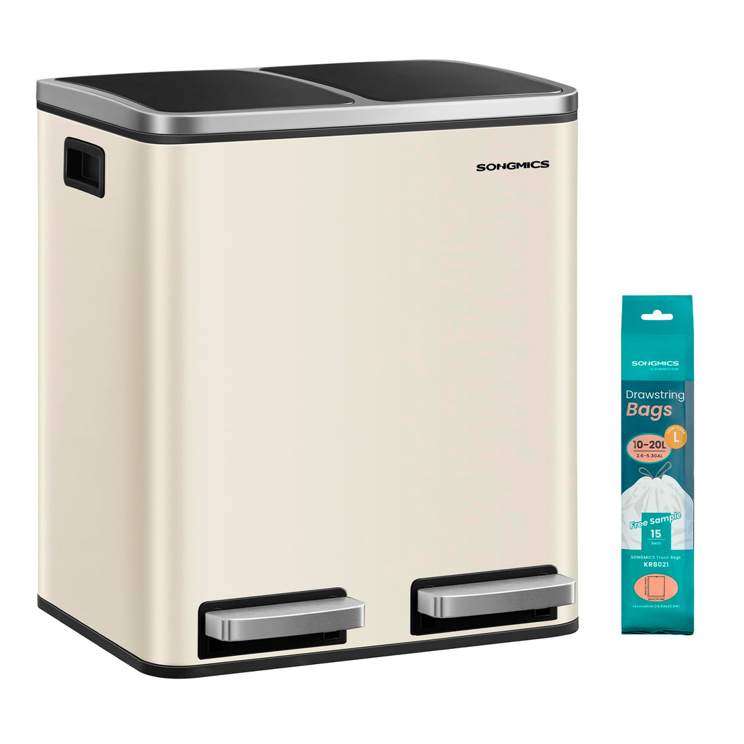 SONGMICS Küchenmülleimer, 2 x 15 l, Doppeleimer für Recycling und Abfall, Treteimer mit zwei Fächern