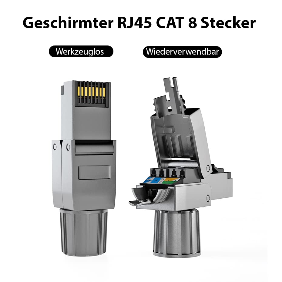 10m Cat 8 Verlegekabel + 4x RJ45 Stecker Werkzeuglos CAT8 Kabel Installationskabel Lan CAT8.1 Ethern