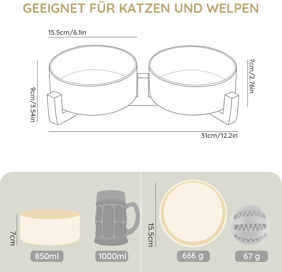 SPUNKYJUNKY Keramik Doppel Futternapf mit Bambus Ständer für Katzen und Hunde (850ml, Beige) Beige D