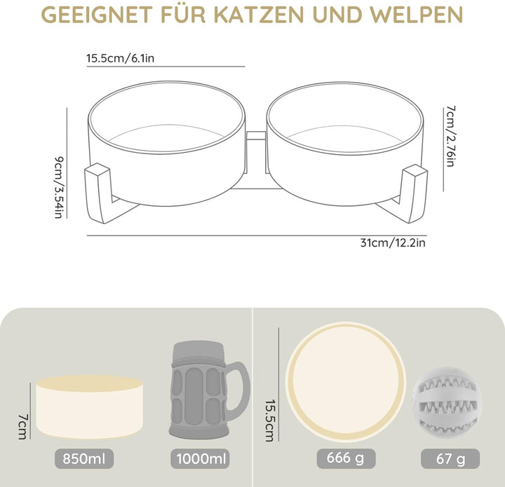 SPUNKYJUNKY Keramik Doppel Futternapf mit Bambus Ständer für Katzen und Hunde (850ml, Beige) Beige D