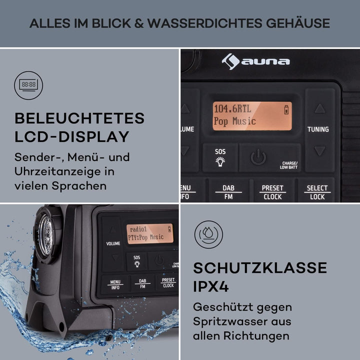 Auna Dab, FM/Dab/Dab+, tragbares Radio mit Bluetooth, Stereo-Lautsprecher, AUX-Leistung mit LCD-Disp