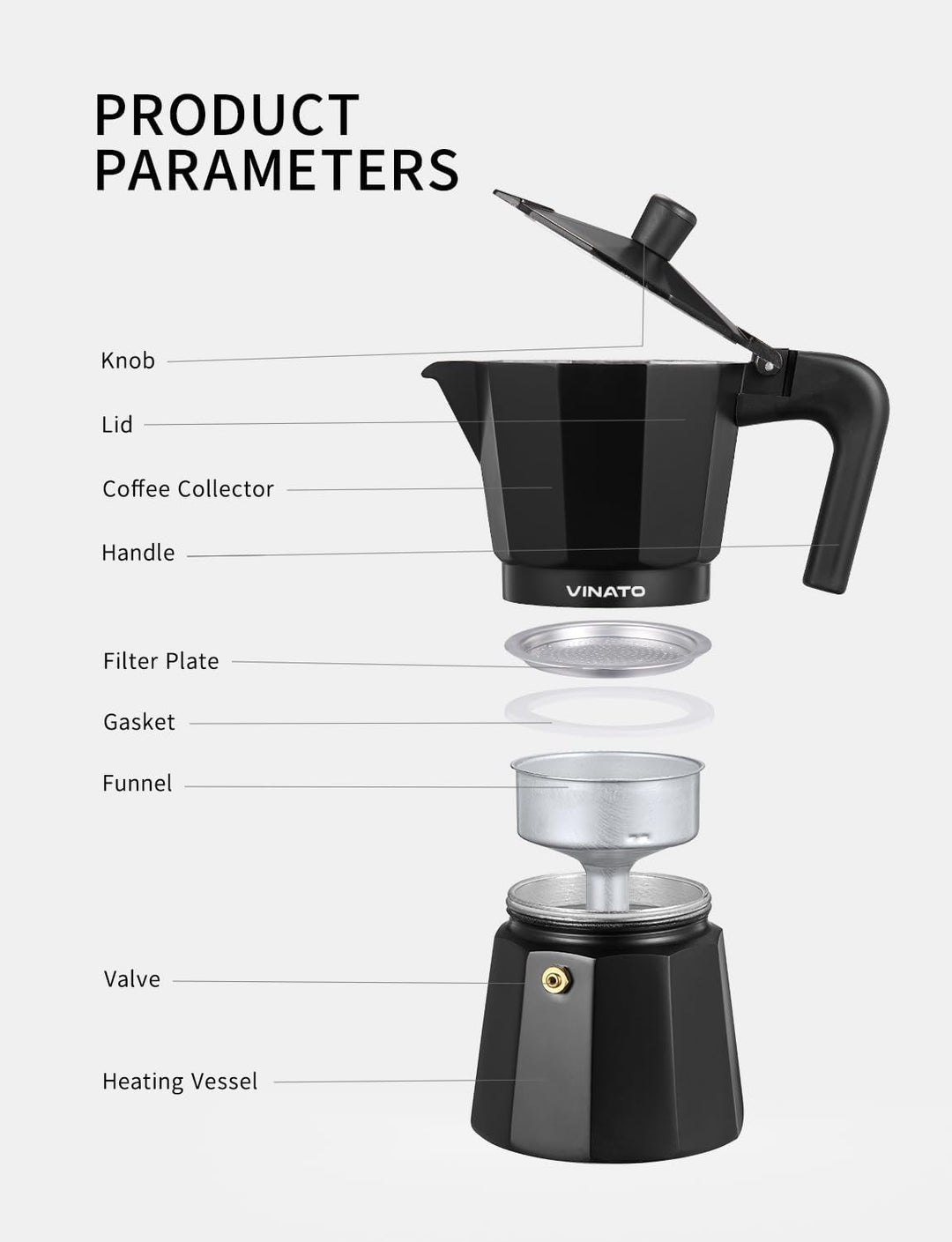 VINATO Espressokocher, Aluminium Espressokocher für die Herdplatte, Italienische Kaffeekocher, Kaffe