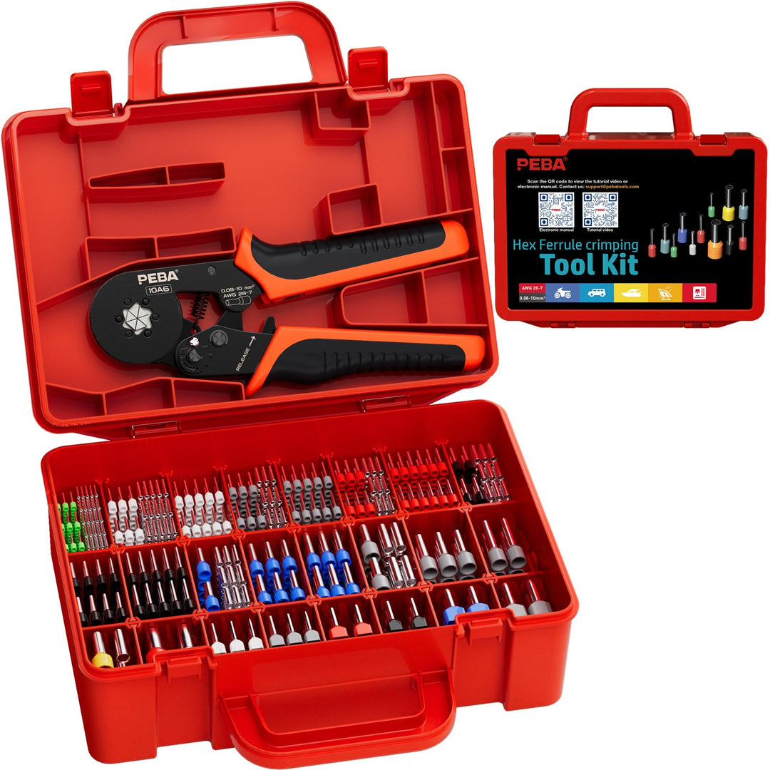 PEBA Sechskant Crimpzange Set mit 33 Grössen Aderendhülsen 0,25–10 mm² inkl. Twin Hülsen, selbstjust