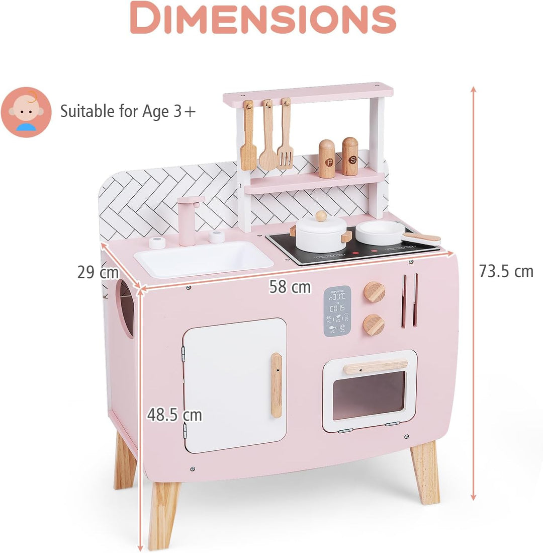 HOMASIS Spielküche mit 7 Zubehör, Kinderküche mit Spüle, Herd & Ofen, kleine Spielzeugküche aus Holz