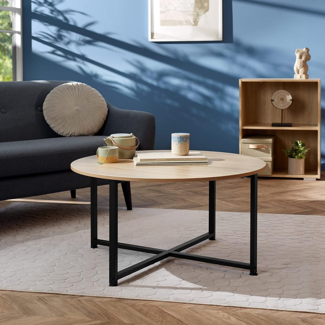 tectake® Couchtisch rund Holz und Metall, Beistelltisch rund, runder Tisch Wohnzimmer, Sofatisch, Wo