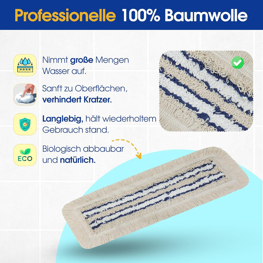 OKAEI Wischmop-Komplettset 40 cm – 5× Bezug Blau‑Weiss‑Beige + Klapphalter & Alu‑Teleskopstiel – Für
