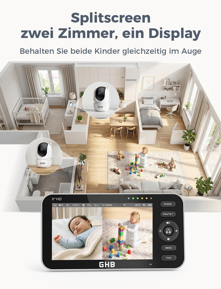 GHB Babyphone mit 2 Kameras 5 Zoll 720P HD Display mit bis zu 168h Akkulaufzeit im VOX Schlafmodus S