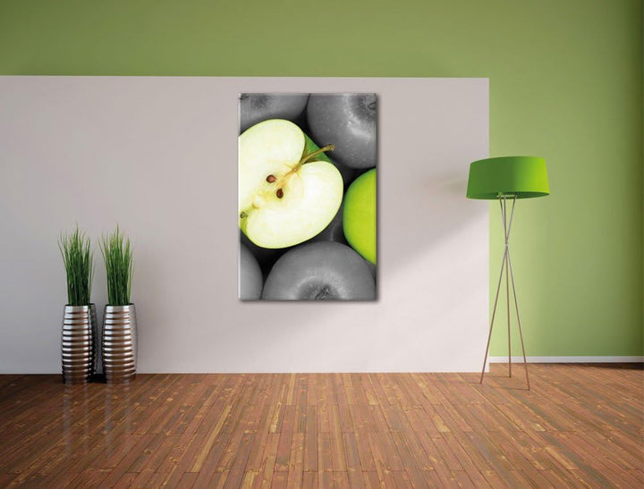 Pixxprint saftige grüne Äpfel schwarz/weiss, Format: 70x100 auf hochkantiges Leinwand, 70x100