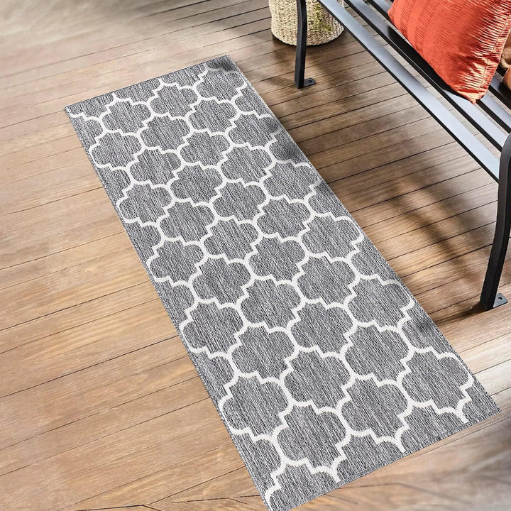 payé Outdoor Teppich Wetterfest - 80x250cm Läufer - Grau Weiss - Netz Raute - Teppiche für Terrasse