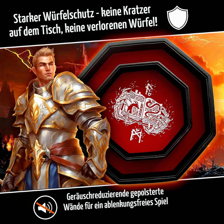 Fantasydice - Rot - Feuerdrache - Würfeltablett - 20,3 cm achteckig mit Deckel und Würfelfel-Bereich