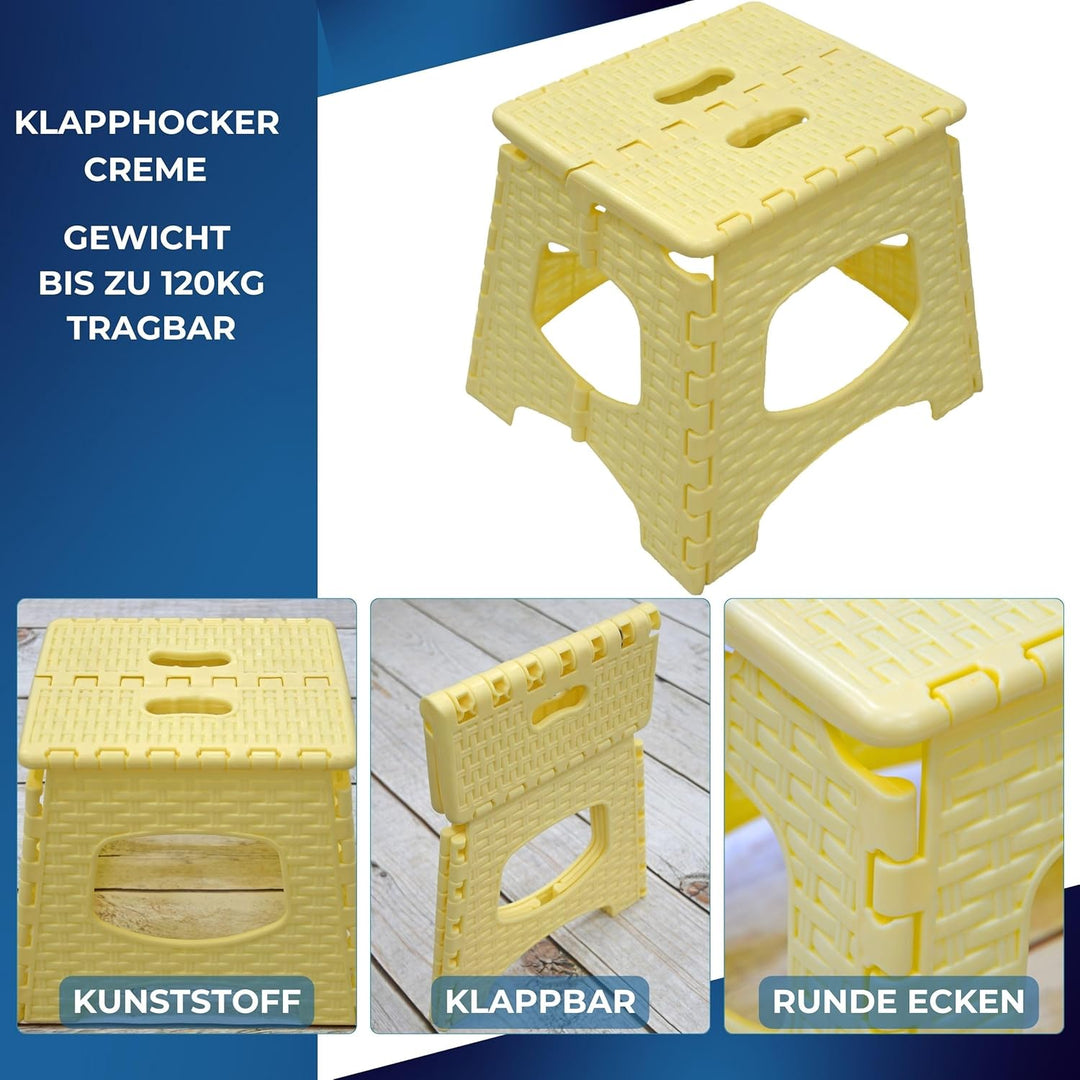 Klapphocker S (32,5×28,5×27 cm) Creme – Tritthocker faltbar bis 120 kg – rutschfest & tragbar – Kuns