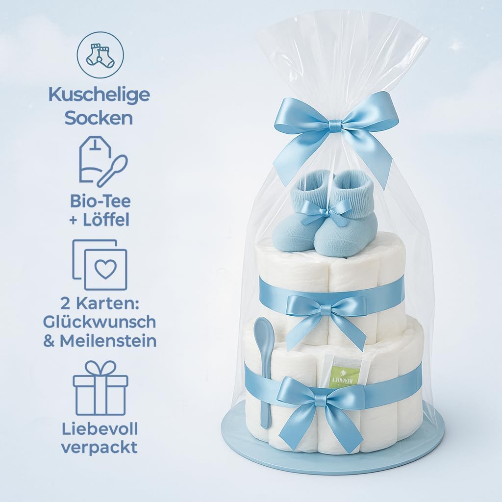 Windeltorte Junge 2 stöckig in Blau mit Babysocken, Geschenke zur Geburt für die Mutter, Taufe oder