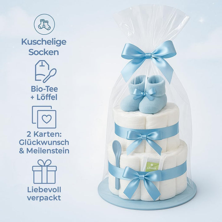 Windeltorte Junge 2 stöckig in Blau mit Babysocken, Geschenke zur Geburt für die Mutter, Taufe oder