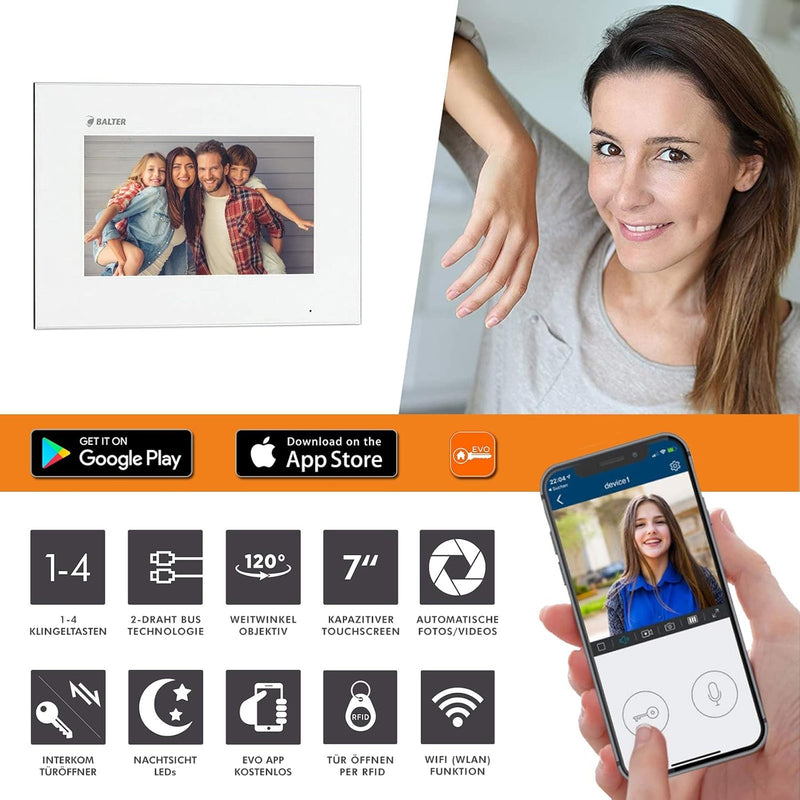Balter EVO Grau Aufputz Video Türsprechanlage mit Kamera und Klingel, Gegensprechanlage Doorbell mit