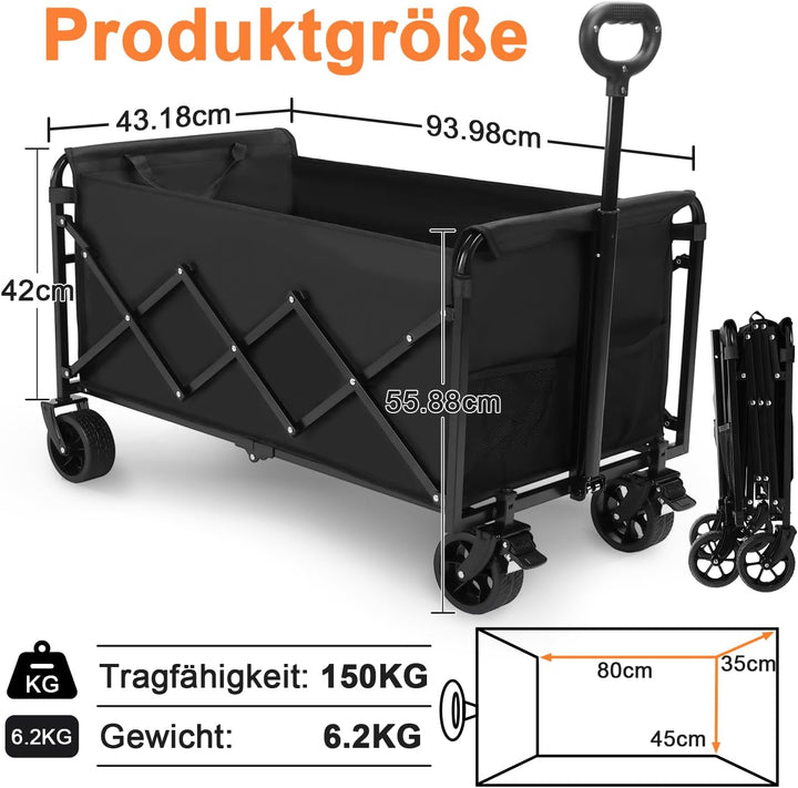 Bollerwagen Faltbar, Handwagen faltbar 150L Tragkraft 150KG mit verstellbarem Griff, Offroad-Rädern