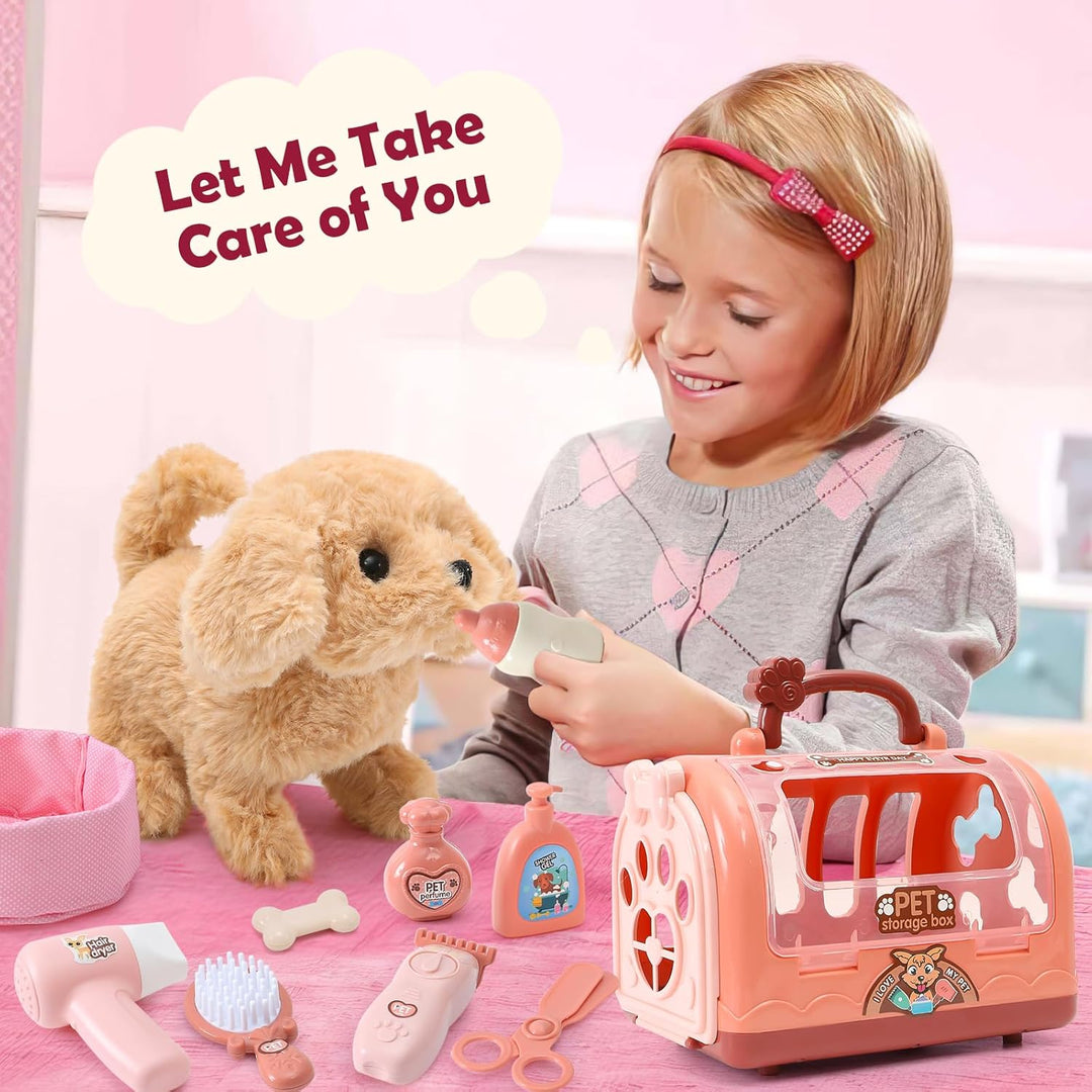 G.C Hund Spielzeug Kinder Elektrischer Plüsch Hund der Läuft und Bellt mit Leine Hundekäfig Kuschelt