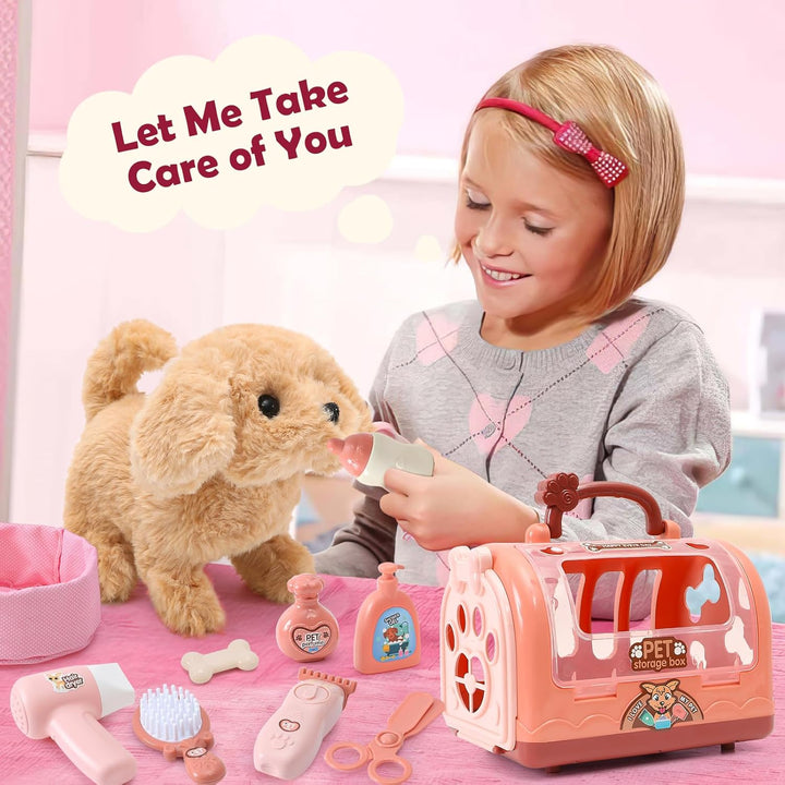 G.C Hund Spielzeug Kinder Elektrischer Plüsch Hund der Läuft und Bellt mit Leine Hundekäfig Kuschelt