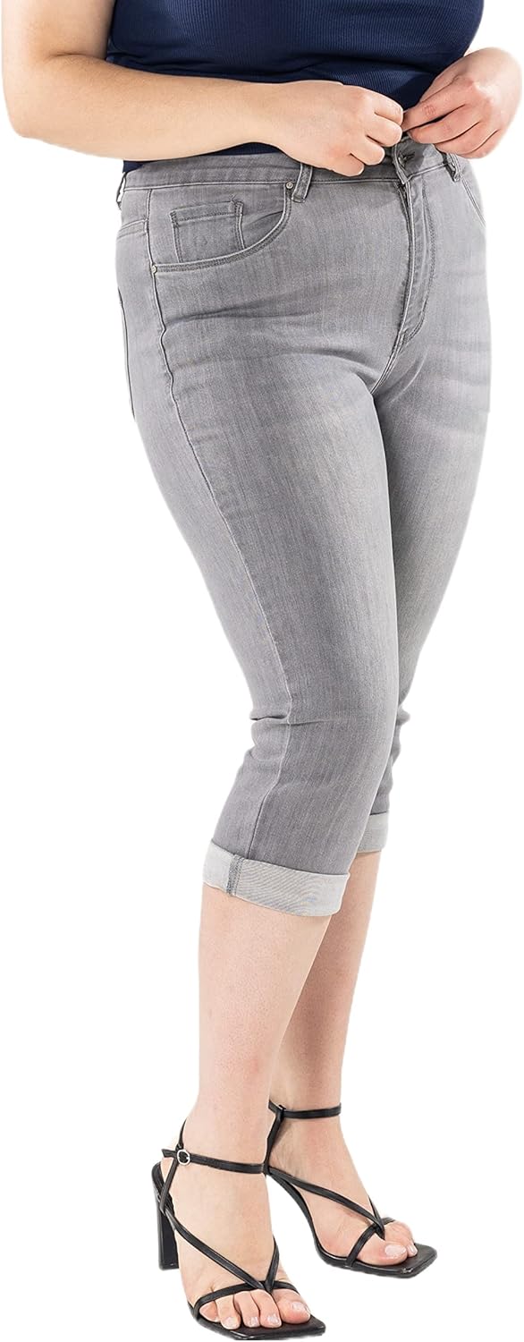 P200 Damen Capri Jeanshosen Grosse Grössen HIGH Waist Jeans Sommer Hose Used-Look, 42 Große Gr&