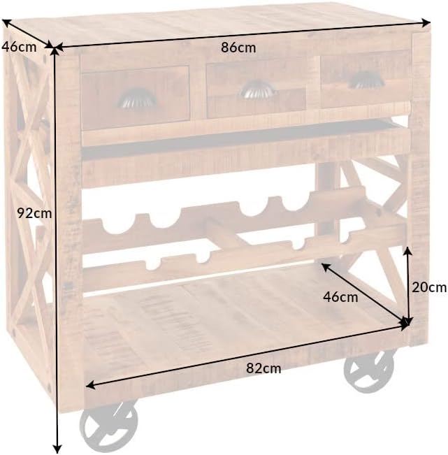 riess-ambiente.de Industrial Barschrank Bodega 86cm Mangoholz Servierwagen mit Weinregal
