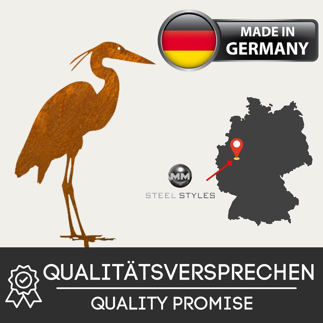 MM Steel Styles Edelrost Reiher Gartenstecker-einfach einsteckbare Rostdeko aus hochwertigem Cortens