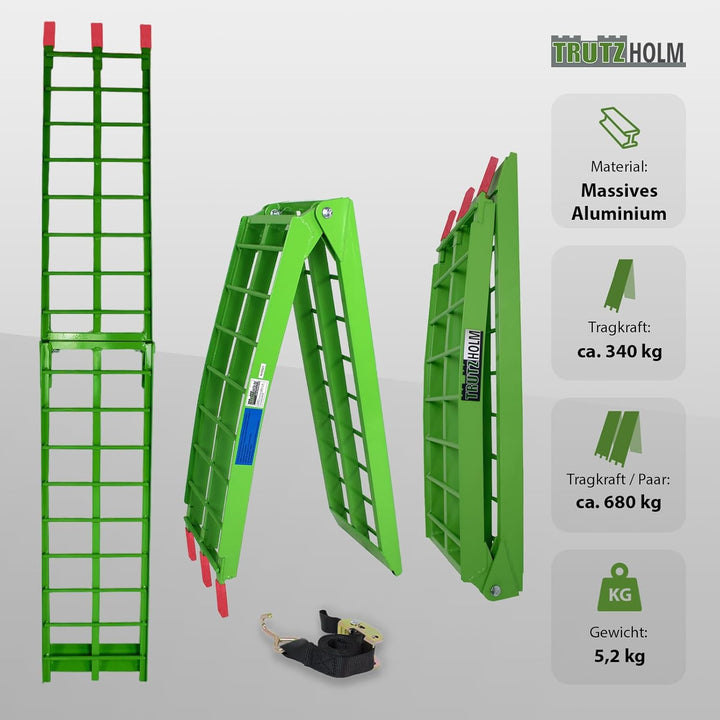 TRUTZHOLM 2 x Auffahrrampe klappbar 180 cm Traglast 680 kg Alu grün geriffelte Einzelstäbe Verladera